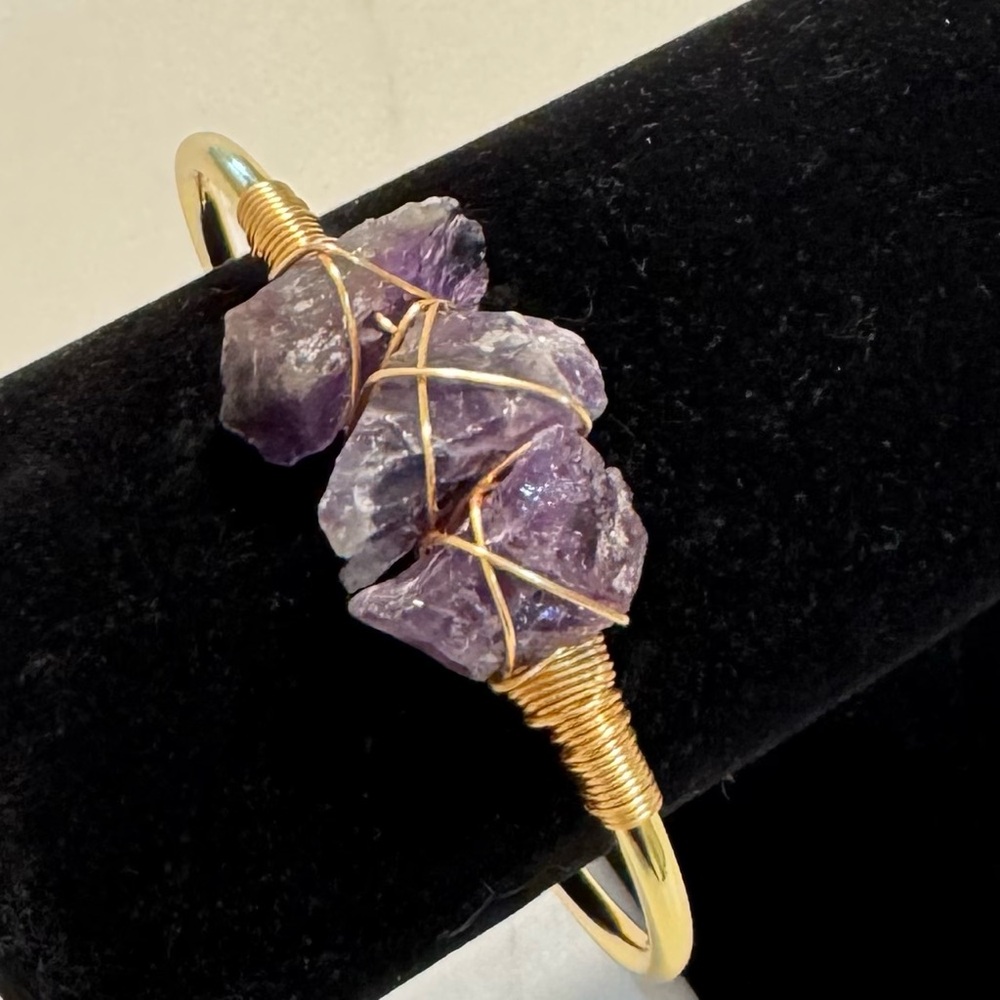 Amethyst All Natural Semi-Precious Gemstones Cuff Bracelet 18kt Gold Overlay - Picture 4 of 5